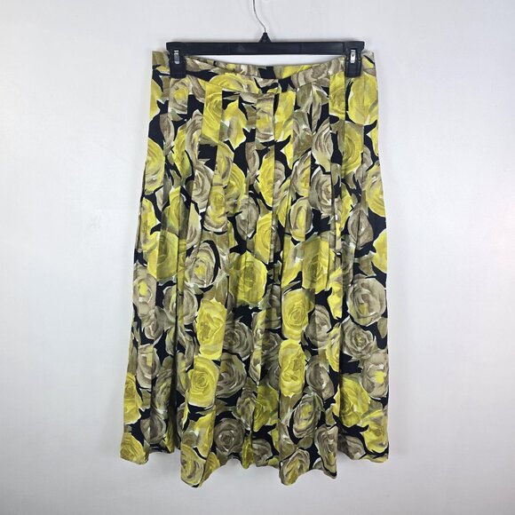 Ann Taylor Skirt Womens 8 Yellow Floral Rose Print Pleated Midi Made USA - Picture 4 of 12